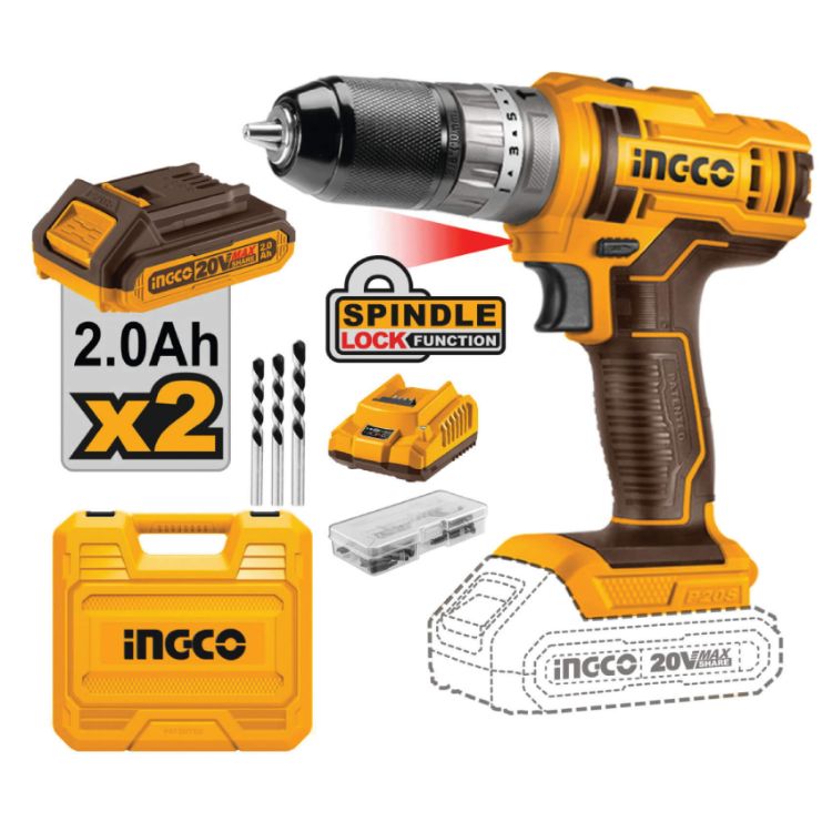 Picture of DRILL IMPACT (INGCO) 20V CORDLESS B/LESS 45NM KIT