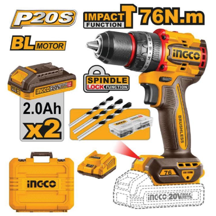 Picture of DRILL IMPACT (INGCO) 20V CORDLESS 76NM KIT
