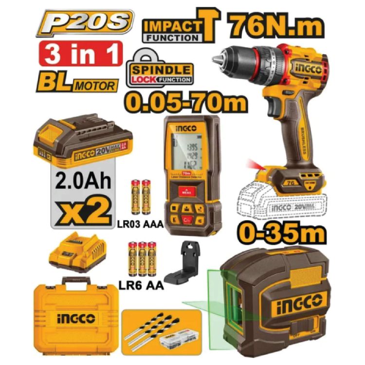 Picture of DRILL IMPACT (INGCO) 20V CORDLESS+LASER LEVEL+DETE