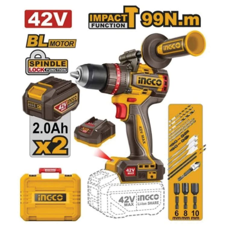 Picture of DRILL IMPACT (INGCO) 42V B/LESS 99NM + ASS KIT