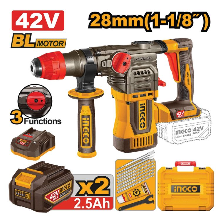 Picture of DRILL ROTARY HAMMER (INGCO) 42V B/LESS + ASS KIT