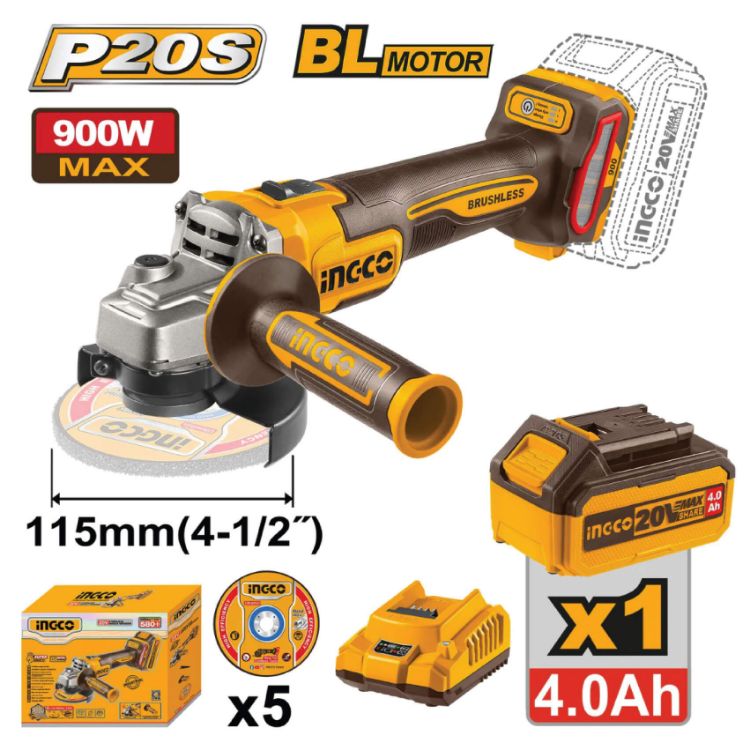 Picture of ANGLE GRINDER (INGCO) 20V 115MM 1 X 4.0Ah/CHARGER