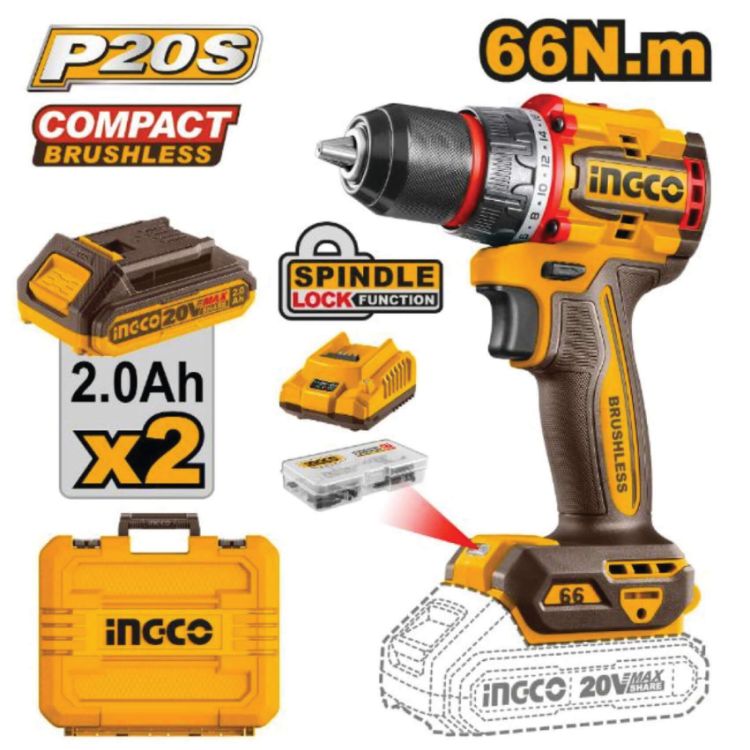 Picture of DRILL DRIVER (INGCO) 20V 66NM B/LESS KIT + ACC
